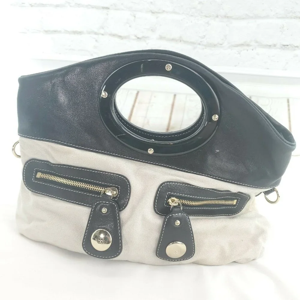 Kate Spade Womens Black Cream Canvas Leather Zip Pockets Crossbody Handb…